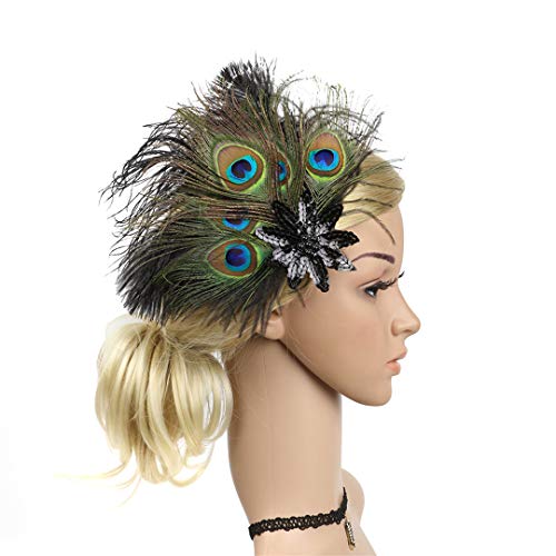 Fascinator Peacock Feather Hair Clips Flapper Headband Art Deco 20's Accessories for Women - color: 10green