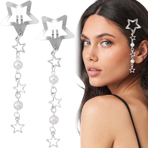Pndeyo 2pcs Star Tassels Hair Clips for Women, Non-Slip 2000s Y2K Hair Snap Barrettes with White Bead, Cute Star Beaded Pendant Hair Pin Accessories for Braid Long Short Thin Thick Hair- Silver - color: Silver-2pcs-B Style