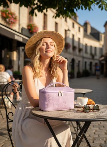 Meiyuuo Makeup Bag Large Cosmetic Bags for Women Girls Cute Travel Zipper Pouch Toiletry Organizer for Beauty Essentials Waterproof (Light Purple) - color: Embossing Purple
