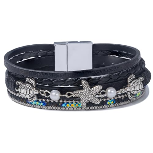 FANCY SHINY Turtle Starfish Leather Wrap Bracelet Boho Rhinestone Pearl Cuff Bracelets for Women Summer Beach Jewelry for Women - color: Black