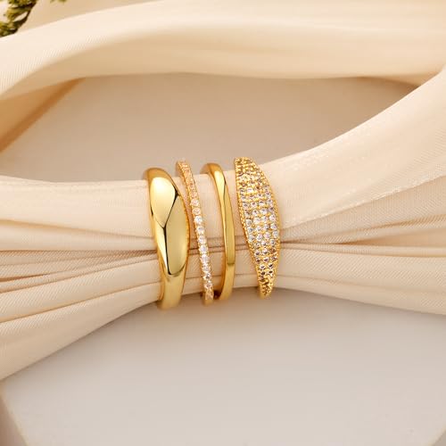 TOBENY Stackable Gold Rings for Women Non Tarnish Dainty 14K Gold Plated Stacking Cubic Zirconia Thumb Ring Set Trendy Statement Promise Wedding Bands Engagement Rings for Women Size 6 7 8 9 10 - color: 04-4Pcs Stacking Rings