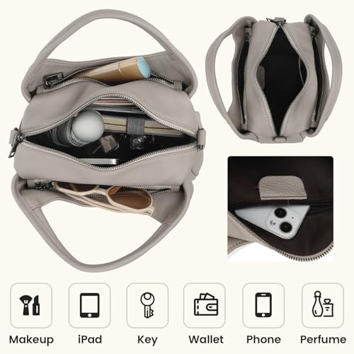 KOGTLA Medium Genuine Leather Purses for Women with Detachable Satchel Strap, Ladies Soft Handbags, Tote Hobo Bags - color: Beige White