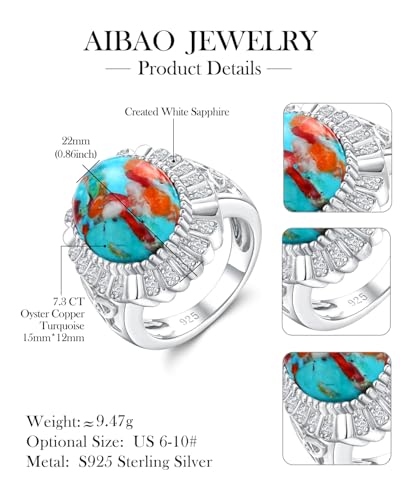 AIBAO 4-12 Ct Large Oval Engagement Rings for Women Natural Turquoise/Lapis Lazuli/Malachite Celtic/Infinity/Love Knot Halo Ring Size 6 to 10 Anniversary Christmas Valentines Gift - style: 7.7 Ct Orange Oyster Turquoise & Created White Sapphire