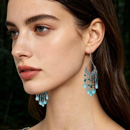 Boho Turquoise Drop Earrings Retro Long Copper Feather Tasse Metal Leaf Dangle Earrings Vintage Country Western Jewelry Cowgirl Ethnic Style Geometric Concert Festival Accessories for Women - color: Blue