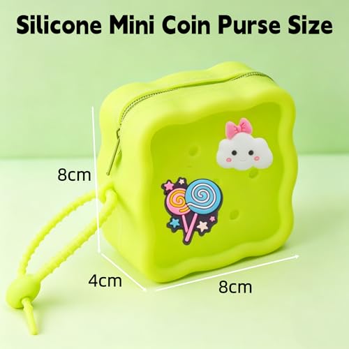 Soft Silicone Zipper Coin Purse Lovely Cartoon Hole Design Miniature Wallet Children's Storage Pouches Organizers For Kid with 25pcs DIY Charms (Grass Green) - color: Grass Green