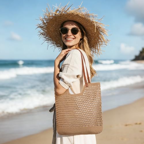 Sightor Crochet Beach Bag, Woven Tote Bag Summer Boho Bag Travel Casual Shoulder Bag for Summer Vacation - color: Brown
