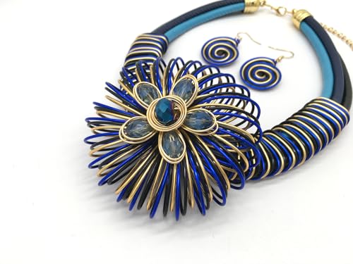 Statement African Necklace For Women African Jewelry Costume Earring Sets Tribal Fashion Colorful Big Rhinestone Crystal Pendent Collar Choker Bold Chunky Bib Handmade - color: Flower blue
