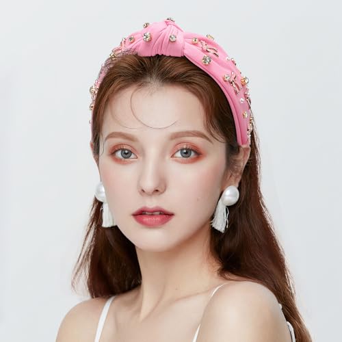 WantGor Pearl Knotted Headband, Women Rhinestone Embellished Hairband Elegant Wide Top Knot Bride Headbands Headpieces Party Fashion Elegant Ladies Hair Band Hair Hoop Accessories (Pink Bow) - color: Pink Bow