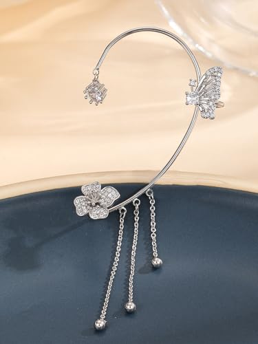 2Pcs Rhinestone Butterfly Earrings Ear Cuffs Non-Pierced Fake Earrings Butterfly Climber Wrap Around Earring Dainty Adjustable Ear Clip Jewelry for Women - color: Style2-silver