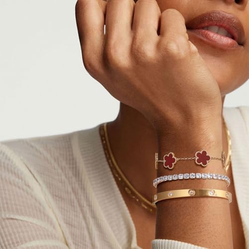 Womens Stackable Floral Gold Bracelets - 3Pcs 18K Gold Plated Bracelet,Stainless Steel Bangle Bracelets Non Tarnish, Gold Bracelet Set Trendy Jewelry,Christmas Valentines Birthday Gifts for Girlfriend - color: Red