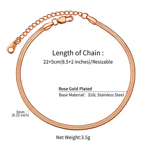 ChainsHouse Ankle Bracelets for Women, Stainless Steel Chain Anklets Waterproof, Women Summer Beach Jewelry Gift, Come with Box - color: 09. 3mm-Herringbone-Rose Gold