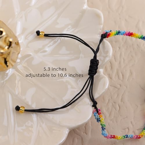 Rainbow Beaded String Braided Bracelets for Women, Summer Boho Handmade Adjustable Beach Waterproof Jewelry Gift - color: Black