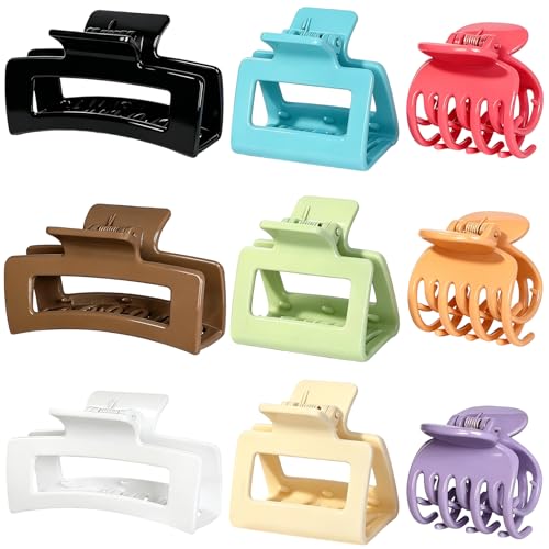 CHANDAT Medium Claw Hair Clips Set for Women - 3 Styles, 9PCS Rectangle Hair Clips for Thick Hair, Square Clips for Thin Hair - Gloss Colorful - color: Gloss Colorful