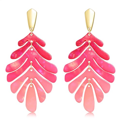 ARATLENCH Acrylic Pendant necklace Earrings – Long Statement Leaf Charm Necklace Tortoise Resin Palm Leaf Earrings Fashion Necklaces Earrings for Women - color: hot pink