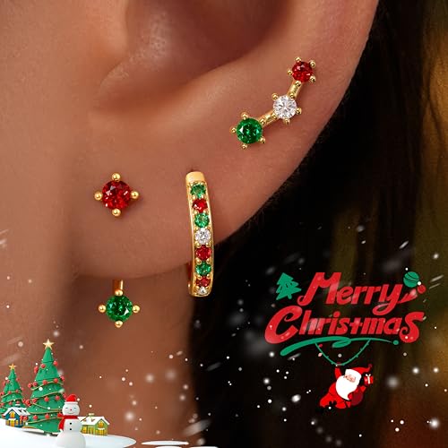 3 Pairs Dainty Small 4th of July Earrings for Women Trendy, Birthstone Stud Huggie Hoop Jacket Stack for Cartilage Helix, Gold Plated Hypoallergenic Cute Women Fashion Accessories Western Jewelry Gifts - color: Christmas Earrings(Gold Red White Green)