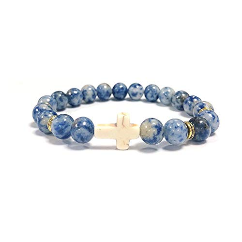 Caiyao Handmade Cross Natural Colorful Stone Beads Elastic Adjustable Bangle Link Couple Friendship Minimalist Valentine’s Day Birthday Bracelet Jewelry for Women - color: blue