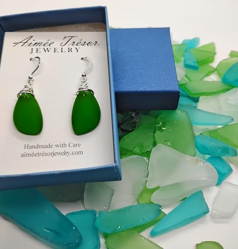 Popular Recycled Sea Glass Earrings on Sterling Silver Hooks - color: Green 2
