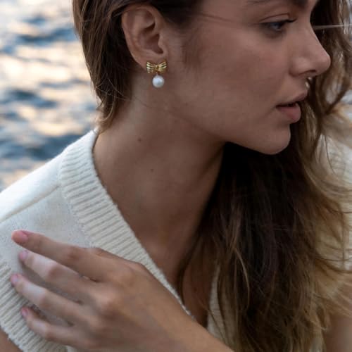 18K Gold Love Knot Stud Earrings for Women Statement Button Pearl Stud Earrings Minimalist Cute Small Post Earring - color: 11.Bowknot
