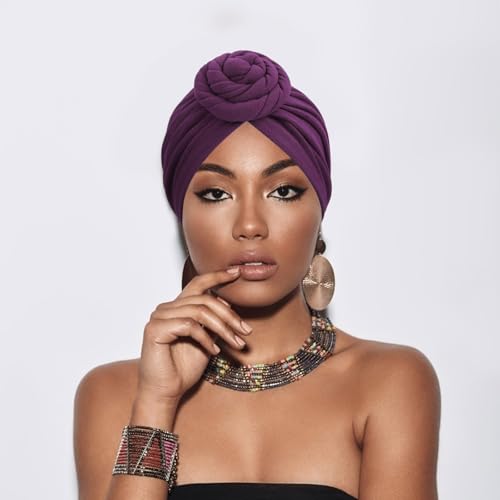 African Women Turban Caps Pre-Tied Twisted Turbans Head Scarf for Women Hair Wraps Cover Beanie Cancer Chemo Headwear - color: 1 Pack Twisted Braid Flower: Purple