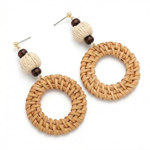 Woven Raffia Rattan Earrings for Women, Boho Flower Hoop & Drop Dangle Earrings Collection, Handmade Summer Beach Vacation Statement Earrings for Party Daily Wear - color: Rattan Bead Interlocking Hoop
