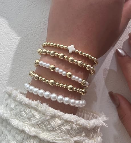 Gold Beaded Bracelets for Women, 14K Real Gold Plated Jewelry for Women Dainty Pearl Bead Bracelets Stack, Non Tarnish Trendy Stackable Ball Cross Stretch Bracelet Set Fashion Accessories Gifts - color: Gold white cross bead