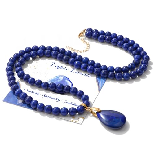 Healing Crystal Necklaces for Women Trendy Natural Stone Beaded Long Pendant Necklaces for Womens Handmade Bohemian Fashion Necklace Jewelry Gift - color: Lapis Lazuli