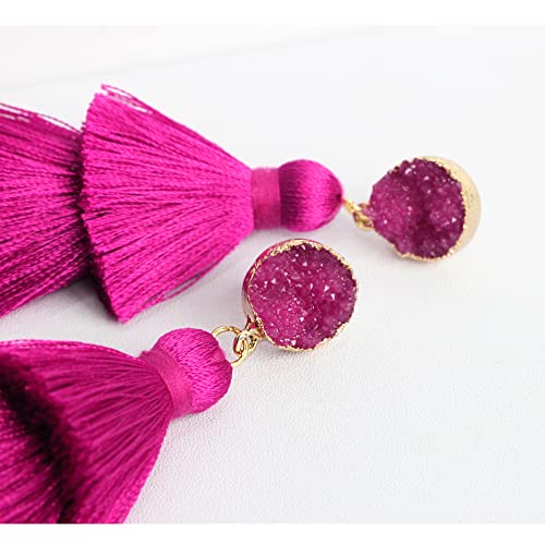 Me&Hz Colorful Layered Tassel Earrings Bohemian Statement Tiered Tassel Big Dangle Drop Earrings for Women Druzy Studs Valentine’s Day Gift - color: Magenta