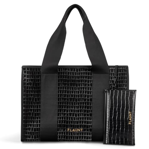 FLAUNT Everyday Tote Bag with Phone Pouch for Women - Lightweight, Airline Approved, Easy To Carry, Foldable & Washable - color: Black Crocodile