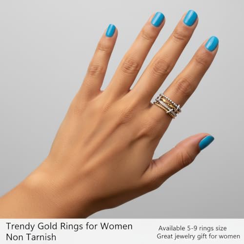 Gold Stackable Ring Set for Women Non Tarnish 316L Stainless Steel Cubic Zirconia Rings Silver Gold Multi Band Thumb Ring Mixed Metals 4 in 1 Interlocking Fashion Thin Dainty Unique Christmas Birthday Jewelry Gift