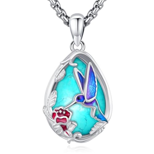 Turquoise/Amethyst/Moonstone/Black Onyx Tree of Life Necklace for Women Hummingbird Necklaces White Gold Plated Copper Jewelry - style: Hummingbird- Turquoise