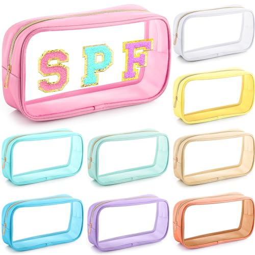 9 Pcs Preppy Clear Makeup Bag DIY Chenille Letter Pouch Large Nylon Makeup Bag Travel Toiletry Zipper Cosmetic Organizer Pouch PVC Bags for Women, 9.5 x 5.1 x 2.8 Inch(Colorful) - color: Colorful