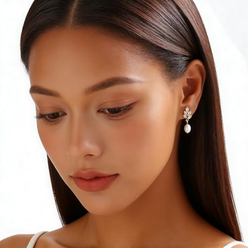 Pearl Earrings for Women Dainty Diamond Pearl Drop Earrings 14k Gold Plated Dangle Earrings for Women Weddings Gifts Bridesmaid Gifts - color: D-gold pearl earrings