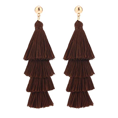 BaubleStar Tassel Earrings Handmade Tiered Thread Tassel Dangle Earrings, Multi Colors - color: Chocolate