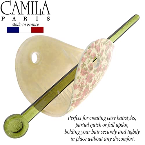 Camila Paris CP3343 French Hair Bun Holder Cover Cap Hair Updo, Pink and Green, Hair Pin Thru, Strong Hold Grip Hair Clips for Women, No Slip and Durable Styling Girls Hair Accessories, Made in France - color: Pink/Green