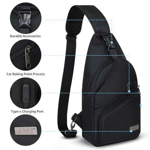 AMJ Crossbody Sling Bag Men Women, Casual Shoulder Backpack, Chest Daypack Satchel for Hiking Travel - color: Black, size: Large