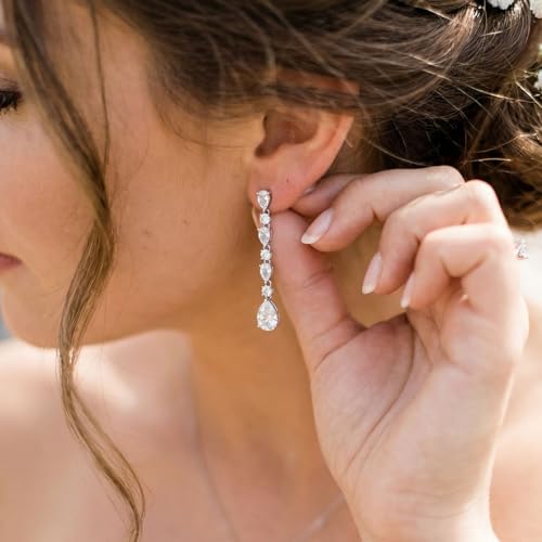 SWEETV Cubic Zirconia Dangle Earrings for Women, Teardrop Bridal Earrings for Wedding, Brides, Bridesmaids, Pear Shaped Drop Earrings for Women Prom Formal Party, Silver - color: Silver-Style1