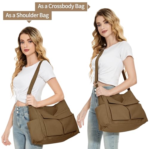 KALIDI Canvas Tote Bag Large Hobo Crossbody Shoulder Handbag Zipper Messenger Bag for Women or Men Casual College Work - color: Upgraded Brown