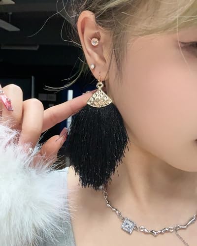 Earrings for Women Colorful Layered Leaf Earrings Bohemian Dangle Drop Tassel Silver Earrings Women Gifts - style: Black