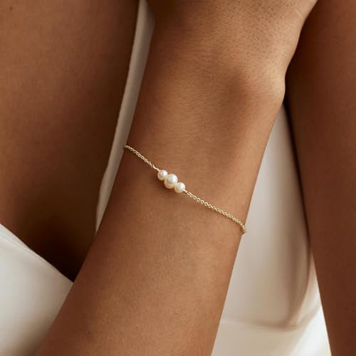 SLOONG Gold Pearl Bracelets for Women Trendy, 14K Gold Plated Dainty Stackable Layered Chain Bridesmaid Bracelets, Waterproof Wedding Jewelry for Women Adjustable 6"+2" - color: Style4(Pearl)