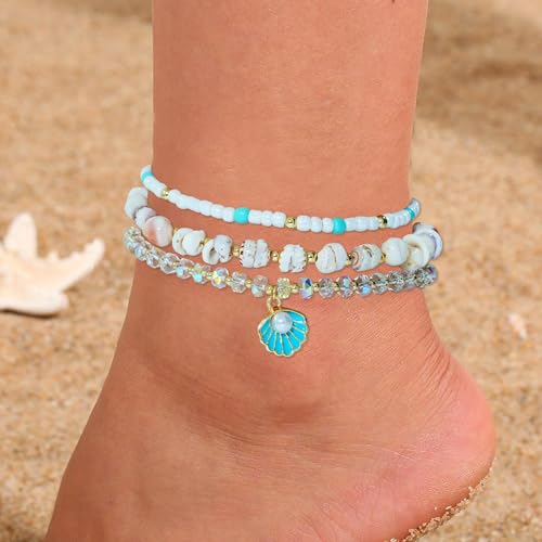 RISHEGAE Shell Anklet Bracelets for Women 14K Gold Plating Boho Bead Anklet Adjustable Womens Anklets Stretch Summer Beach Shell Drawstring Starfish Daisy Anklets Accessories Jewelry Gifts