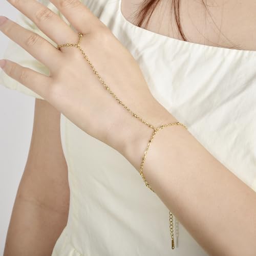 Hand Chain Bracelet Stainless Steel Finger Ring Bracelet Adjustable Gold Plated Hand Chain CZ Stackable Boho Minimalist Jewelry for Women - color: Gold Hand Chain Bracelet AN138G
