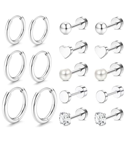 Incaton Hypoallergenic Flat Back Earrings for Women Silver 14K Gold Plated Surgical Stainless Steel Stud Earrings Cubic Zirconia Cartilage Studs Earrings For Multiple Piercing Sensitive Ears - color: 4-SILVER