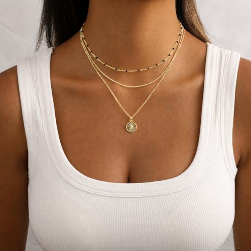 Layered Gold Necklaces for Women, Dainty 14K Gold Plated Cute Pearl Pendant Necklace Jewelry Set Stackable Toggle Chain Choker Collar, Trendy Waterproof Non Tarnish Jewelry Gift - style: Necklace 03-GD