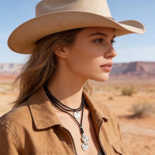 Stagecoach Festival Outfits for Women Boho Leather Necklace with Coin Pendants Long Cowgirl Western Jewelry for Women Country Concert Outfits Accessories - color: A1：Black