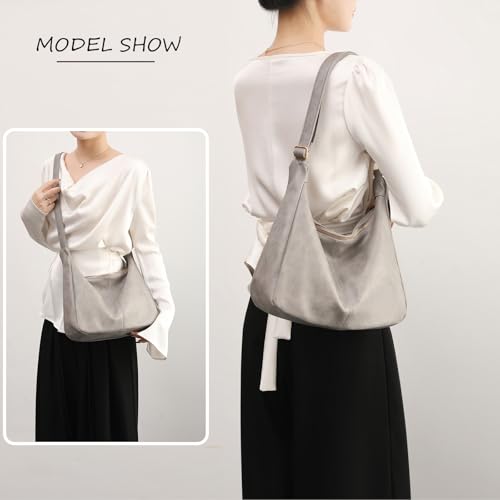 Hobo Bags for Women Foldable Vegan Leather Shoulder Handbag Slouchy Tote Crossbody Purses - color: Grey