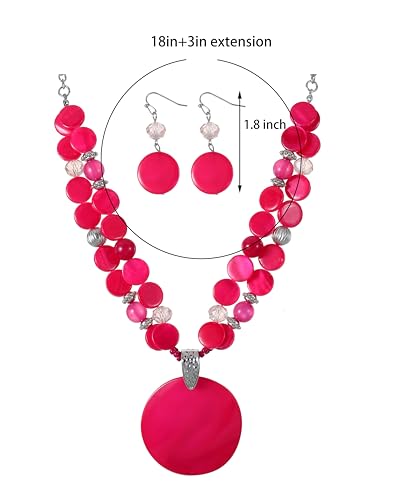 Layered Beads Statement Fashion Necklace Chunky Jewelry Set Big Colorful Glass Stone Circle Shell Pendant Choker Necklace and Earring Set for Women - color: Hot pink