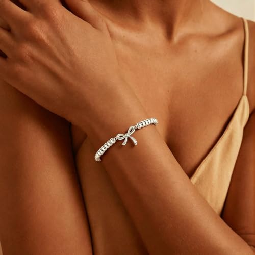 Elastic Beaded Charm Bracelets for Women - Adjustable Stackable Dainty Bracelet with Gold or Silver Charms, Jewelry Gift for Her - style: Silver-Bow
