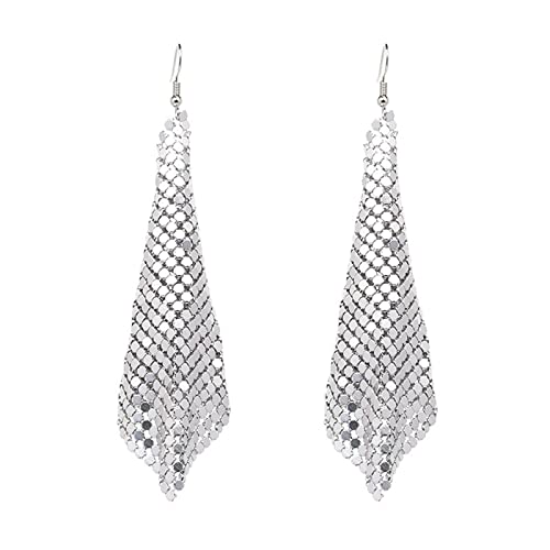 coadipress Metal Mesh Grid Sequins Tassel Long Drop Dangle Earrings for Women Trendy Lightweight Charms Disco Vintage Colorful Long Hook Earrings Bridal Wedding Jewelry - color: Silver