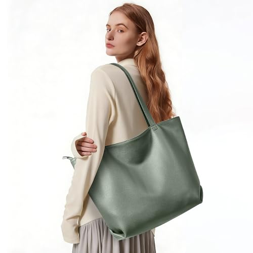 WLLWOO Soft Vegan Leather Tote Bag for Women Large Casual Hobo Handbags Zipper Shoulder Work Daily Weekender Travel Purse - color: Grey Green
