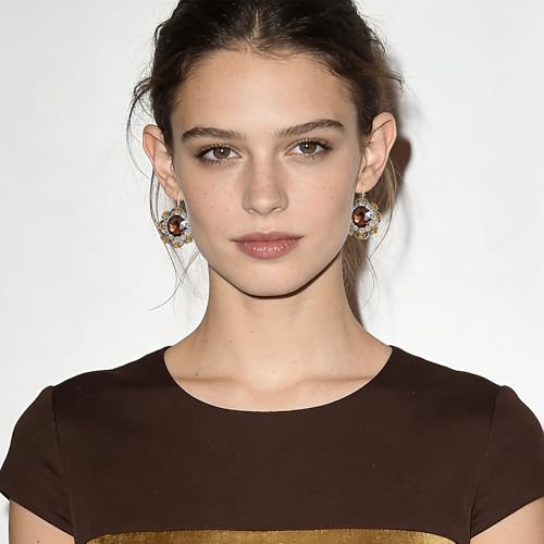 Handmade Bohemian Vintage Gold Sparkly Crystal Round Flower Leverback Earrings Cute Rhinestone Geometry Dangle Drop Earring for Women - color: Dark Brown